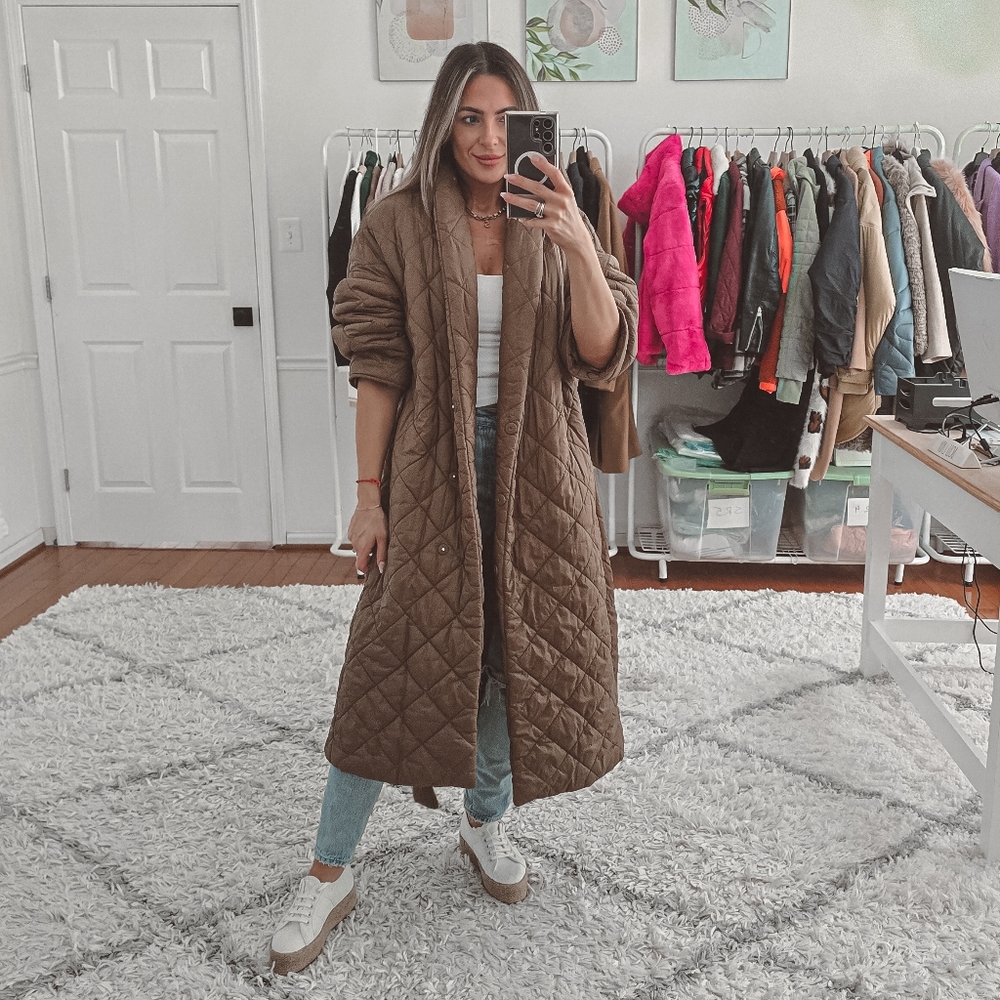 Mango brown quilted belted long coat size M - Picture 1 of 12